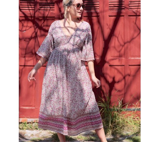 Geraldine Blue Midi Dress 100% Cotton Flutter Bell Sleeve Handmade Gypsy Dress M - Picture 4 of 9